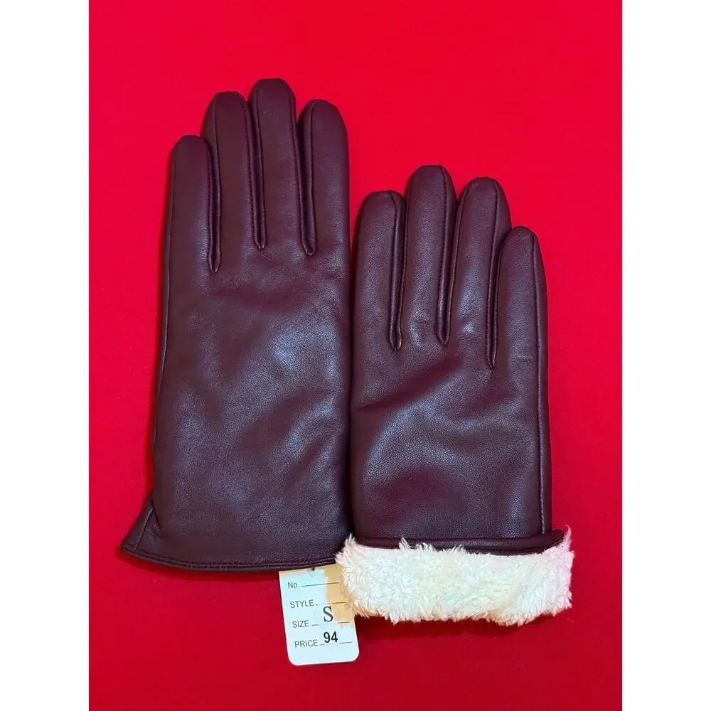 $94 Small 7”  Genuine Leather Burgundy Touch Screen Driving Warm Gloves Women